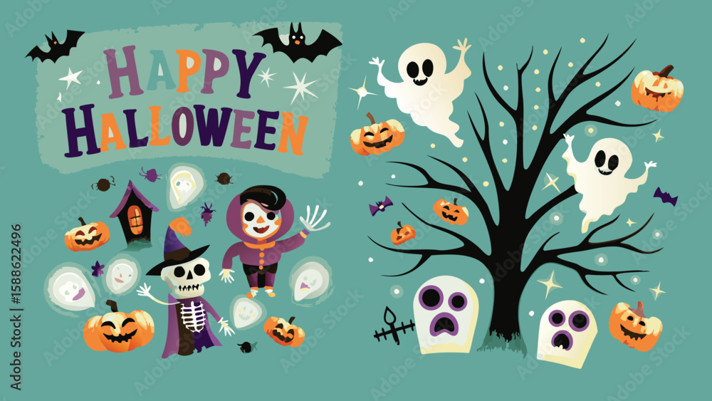 Fototapeta premium Happy halloween scene with ghosts pumpkins bats skeleton and a child on a teal colored background