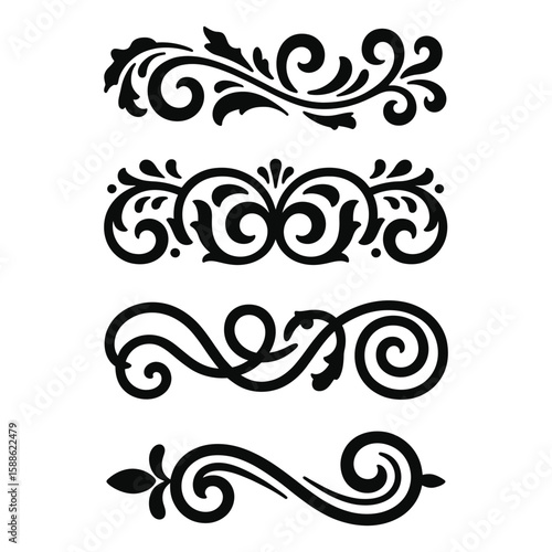 Collection of four elegant black ornamental decorative scrollwork borders with swirls and dots, flourishes dividers, Vintage Filigree ornament stroke scroll design