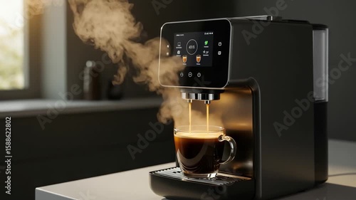 Modern coffee machine brewing espresso with steam rising