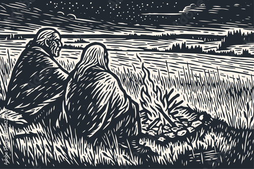 Two elders sit by a campfire under a starry night sky. A vector illustration in a graphic woodcut style, evoking tradition, wisdom, and storytelling.