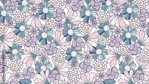 Pastel floral pattern with blue and purple flowers