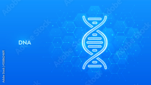 DNA sequence icon. DNA strand. Molecular structure of DNA. Genetic code. Concept of genetics, biotechnology, medical science. Abstract blue medical background with hexagons. Vector illustration.
