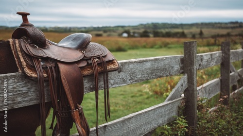 Leather saddle rests on weathered fence, rural landscape