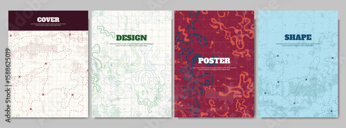 Vector illustration. Topographic cover concept. Set of minimal design banner for print. Vintage color. Old fashion style. Retro poster graphic. Map with marks and trails. Line art pattern