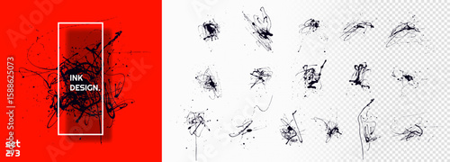 Vector illustration. Grunge banners set. Black paint splatter. Ink splashes set. Isolated design elements for poster, cover, invitation, gift card, flyer, social media, promotion. Messy dye concept