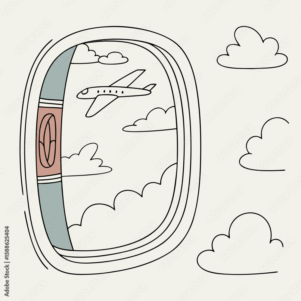 Obraz premium A view from an airplane window with an airplane flying through the clouds in a hand drawn cartoon style