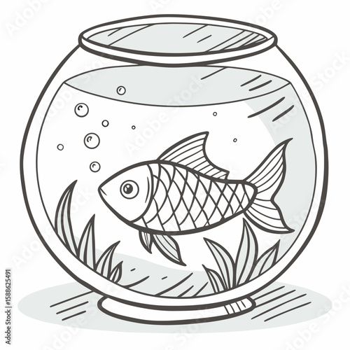 Illustration of a goldfish with patterned scales swimming in a round fishbowl with plants and bubbles inside