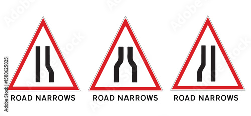 road narrows traffic signs bundle  left right and both side triangle alerts