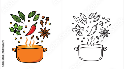Vector Illustration of Cooking Pot with Floating Spices – Masala Ingredients in Airy Motion