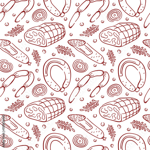 Seamless red line art style pattern with sausage, ham, herbs, onion slice and peppercorn. Perfect for butcher shop, packaging food, background kitchen, menu or traditional meat cuisine design.