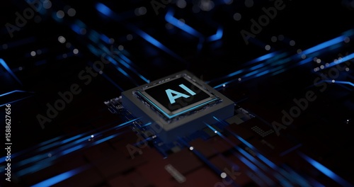 Futuristic AI Processor Chip with Digital Data Flow and Glowing Blue Light