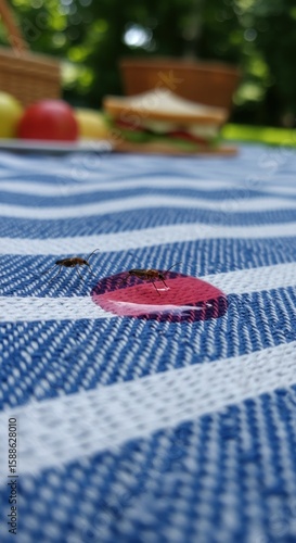 Pink stain on striped picnic blanket