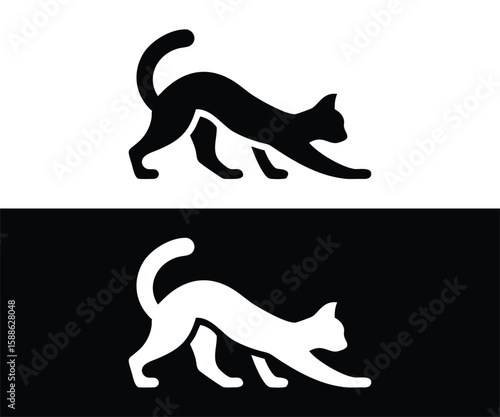 stretching cat silhouettes black and white feline yoga
