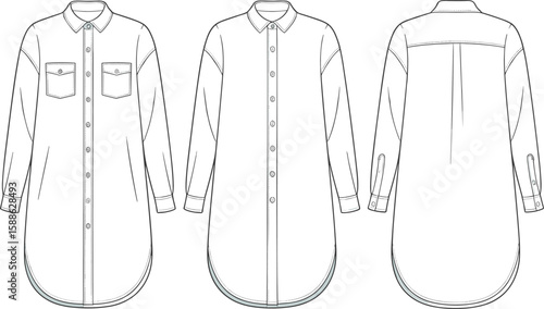 Button-Up Shirt CAD Drawing, Flat Vector Illustration, Front Pockets, Long Sleeves, Back Yoke Detail, Fashion Garment Design Sketch