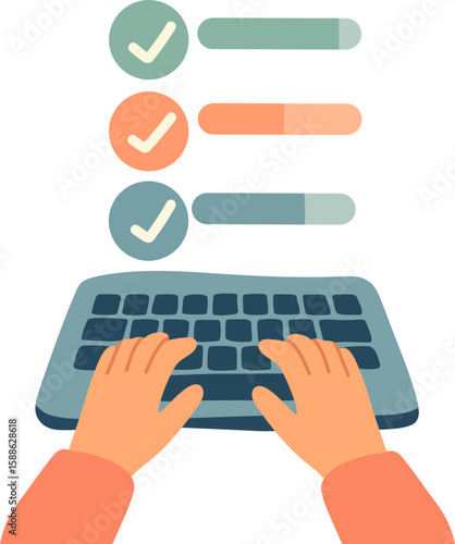 Typing Hands and Tasks.Hands typing on a keyboard with floating checkmarks and progress bars in bold minimal style.