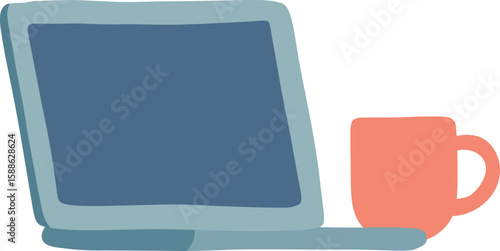 Coffee and Workflow Setup. A pastel vector of a laptop, coffee mug, and sticky notes floating above in a calm and minimal design.