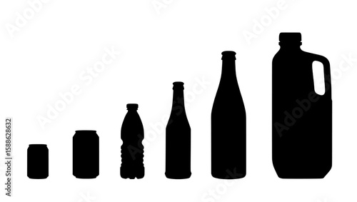 set of bottles and can silhouette of various containers including cans bottles and a jug on transparent background , no background