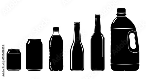 set of bottles and cans bottles and a jug in a row on transparent background , no background