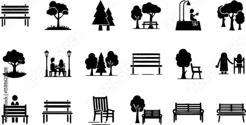 vector set of Park Icon Set. garden park minimalist with chair and tree, Open space black glyph icon. Public park with bench to sit. forest and bench vector icons