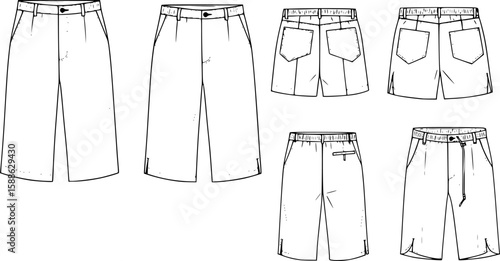 mens wide leg baggy bermuda shorts fashion flat sketch vector illustration technical cad drawing template
