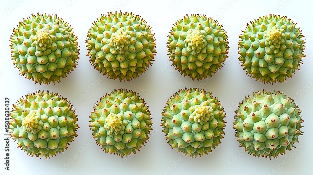 Fototapeta premium Fresh green durian fruits arranged in two rows on white background, exotic tropical Asian fruit with spiky shell and distinctive aroma, isolated food photography.