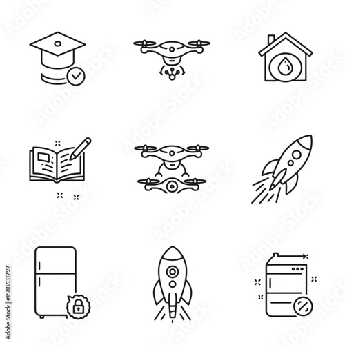Set of modern line icons representing education technology and sustainable resources