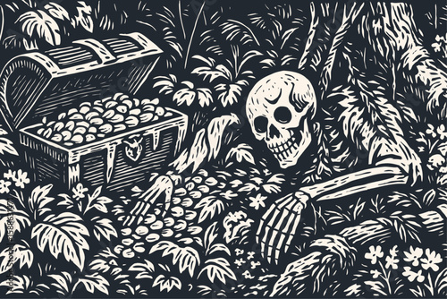 A skeleton guards a lost treasure chest filled with gold in a dark forest. A macabre vector illustration in a detailed woodcut or linocut style.