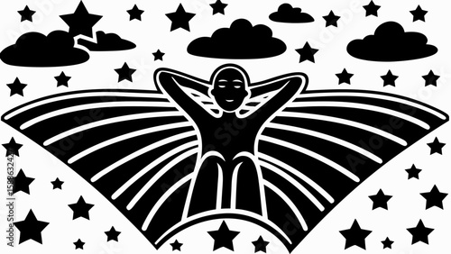 Person relaxing under stars and clouds with curved lines emanating outwards in black and white design silhouette