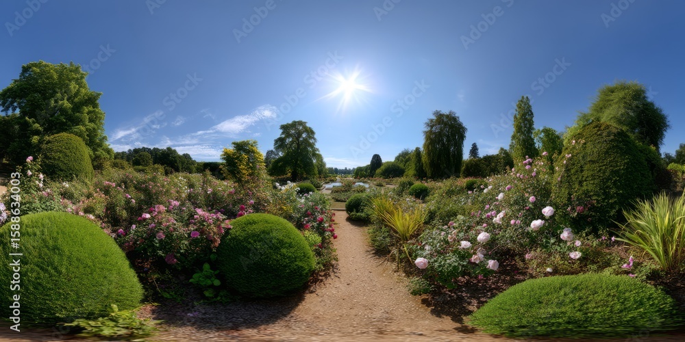 Obraz premium 360 degrees panoramic view of a vibrant garden nature hdr landscape high-quality hdri