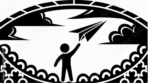 Silhouette of person launching paper airplane with clouds and decorative border design element vector