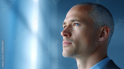 Biometric access for healthcare, A close-up portrait of a serious middle-aged man with blue eyes gazing thoughtfully into the distance against a soft blue background.