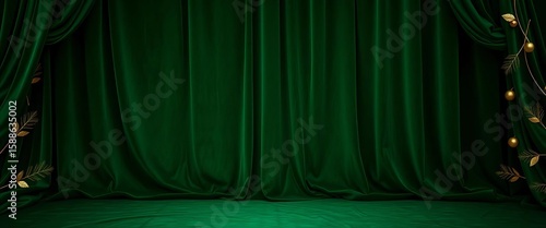Deep emerald green velvet backdrop with subtle gold leaf detailing, hinting at a softly-lit Christmas scene,  opulent,  backdrop