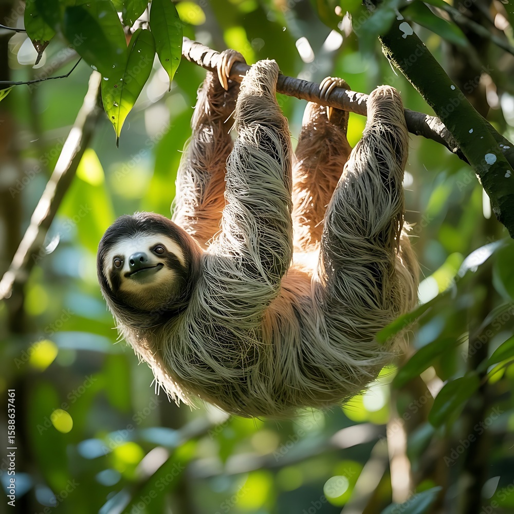 Fototapeta premium A threetoed sloth hangs upside down from a branch in the rainforest, looking directly at the camera