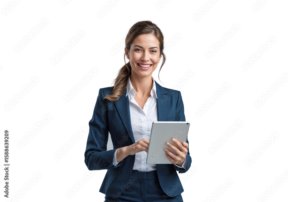 Professional Woman in Blue Suit Holding Tablet isolated on transparent background. Generative Ai Professional Woman in Blue Suit Holding Tablet isolated on transparent background. Generative Ai