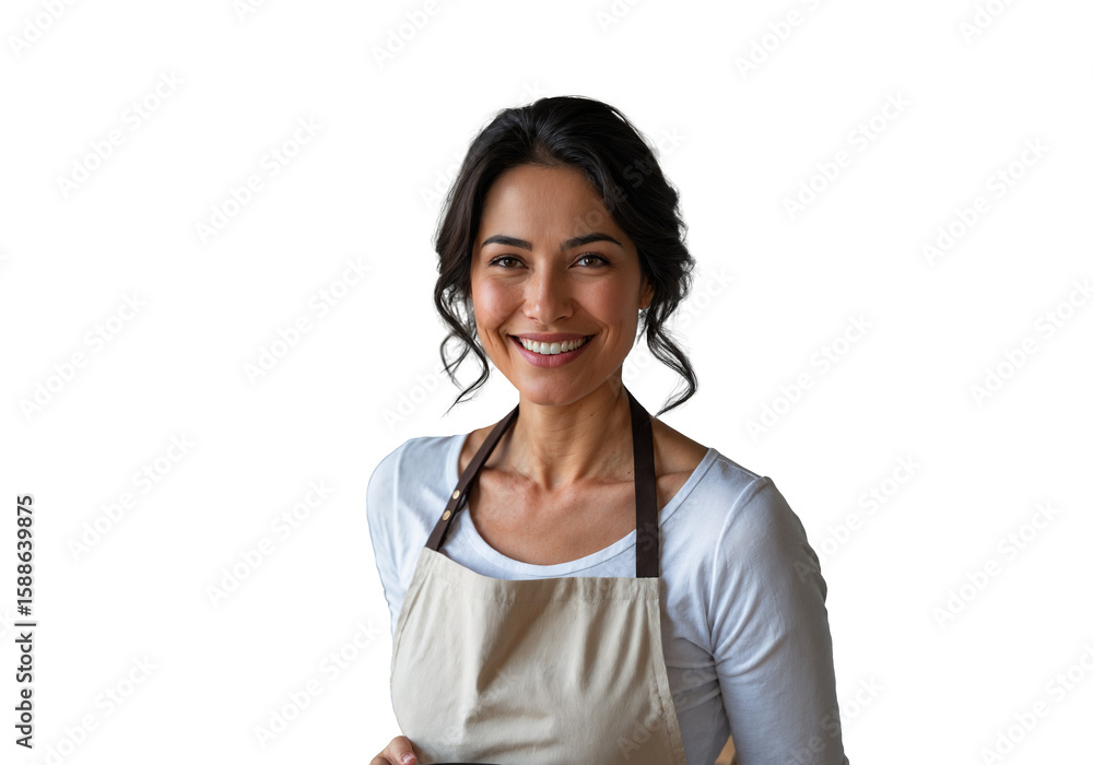 Woman in White Shirt and Beige Apron Smiling Warmly isolated on transparent background. Generative Ai Woman in White Shirt and Beige Apron Smiling Warmly isolated on transparent background. Generative Ai