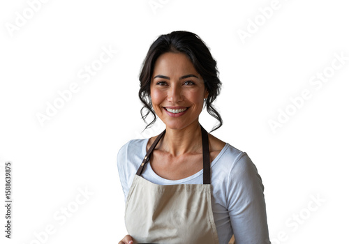 Woman in White Shirt and Beige Apron Smiling Warmly isolated on transparent background. Generative Ai