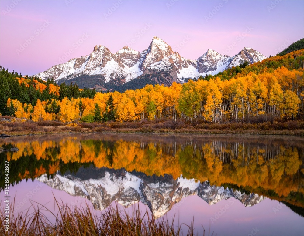 Naklejka premium Alpine Serenity: Fall Colors and Mountain Reflections
