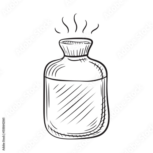 Hand-drawn sketch of a vintage hot water bottle with visible steam. Hand drawn vector illustration
