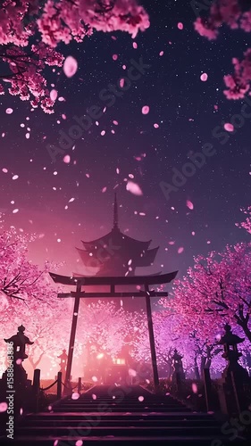 Serene Japanese Temple Under Starry Sky with Falling Cherry Blossoms