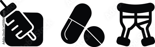 Medical icons depicting a syringe, pills, and crutches silhouette