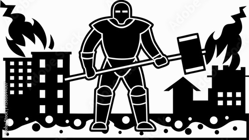 Illustration of a knight holding a hammer standing amidst burning buildings and a destroyed city scape silhouette