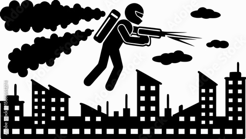 Stick figure flying with jetpack and shooting over city skyline with clouds and smoke in black and white silhouette