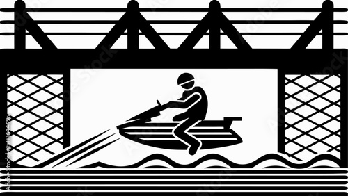 Illustration of a person riding a jet ski under a bridge with a lattice fence in black and white silhouette