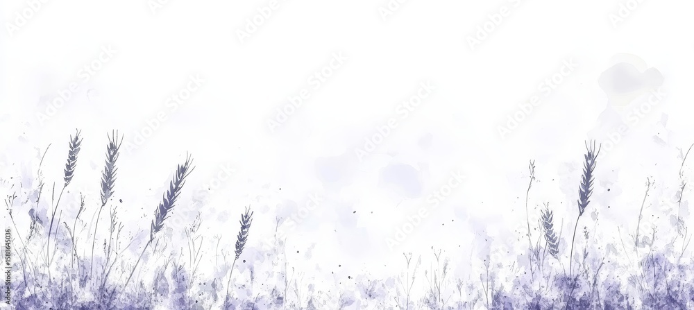 Fototapeta premium Beautiful Pastoral Scene of Pale Lavender and Purple Wheat Field, Dreamy Floral Watercolor Effect