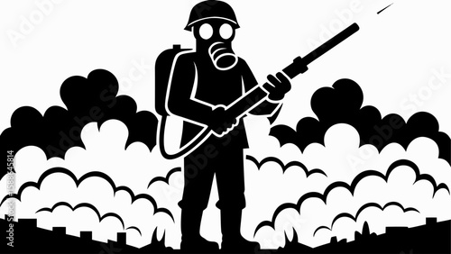 Silhouette of a person in protective gear spraying a substance amidst smoke or fog over a cityscape