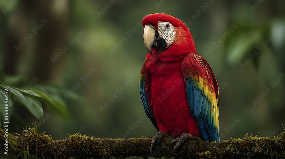 Obraz premium Scarlet macaw perched mossy branch parrot bird