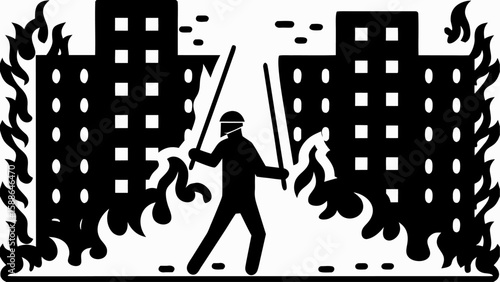 Silhouette of a protester holding batons in front of burning buildings with flames and smoke effects