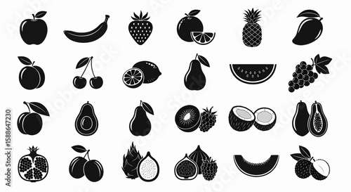 Silhouette Variety Monochrome Icons of Fresh Fruits for Design 