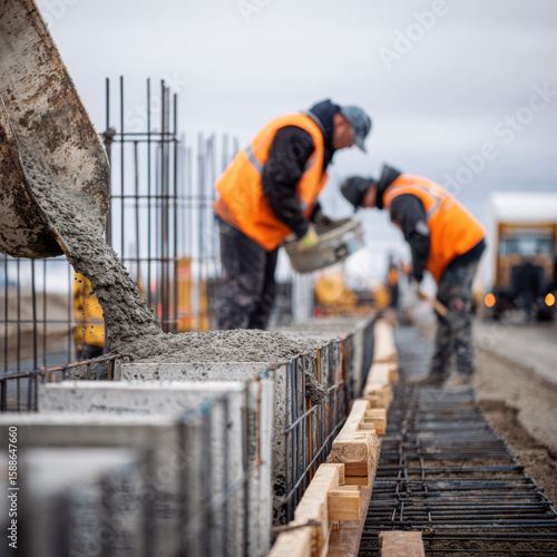 Construction site with workers pouring concrete for security fence foundation, emphasizing protection, access control, architecture planning, and house boundary under construction outdoors