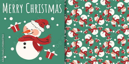 Christmas holiday banner and seamless pattern of cute snowman wearing Santa hat and red scarf, gift boxes and snowflakes on green background.